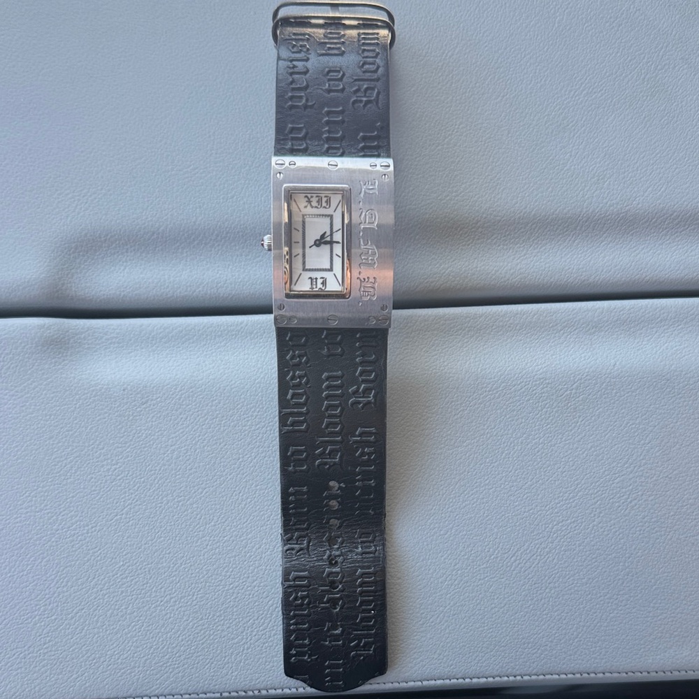 L.A.M.B. Silver and Black Embossed Leather Strap Watch